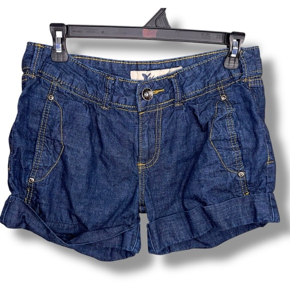 Size 7 Y2K Era Wet Seal Shorts Dark Blue Denim Cuffed Shirts Cotton Pockets - Picture 1 of 8